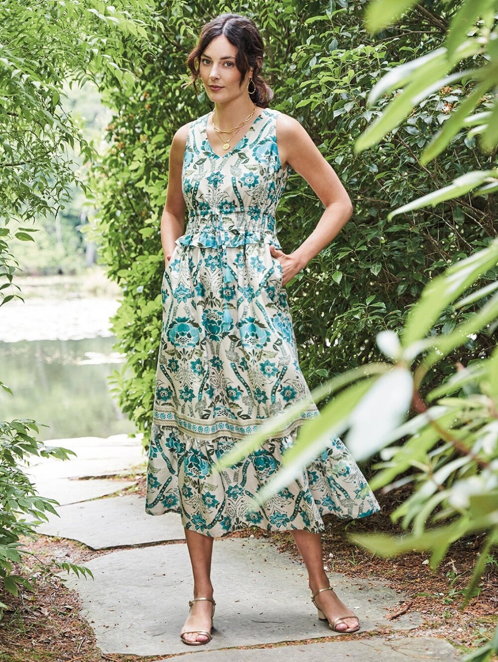 Nwt $268 Spartina 449 Justine Midi Dress Mystic Moss Stencil Blue Xxs